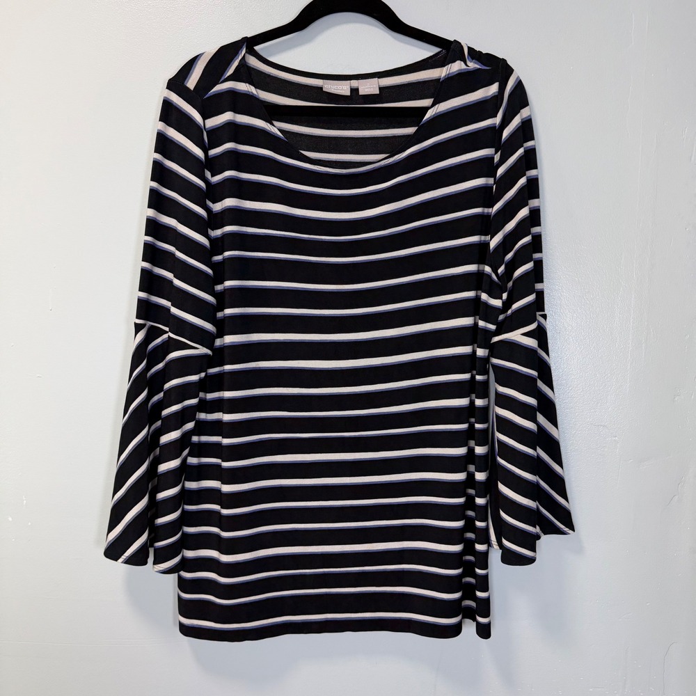 Chicos Travelers Bell Sleeve Striped Top‎ Black Blue White Size 2 Large